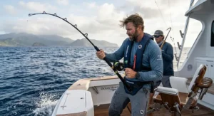 Saltwater angler reeling in a fish from a sportfishing boat wearing a heavy-duty inflatable fishing life jacket.