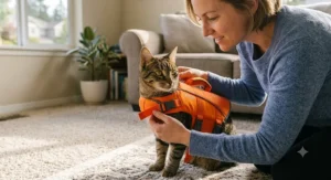 Cat owner gently securing the Velcro straps of a life jacket on a calm cat indoors