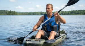 Kayaker paddling on open water wearing a blue kayak PFD equipped with front utility pockets
