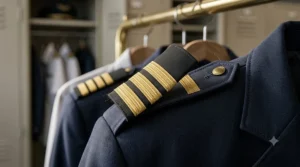 Macro photograph showing a gold-striped rank slide sliding onto a pilot jacket's textured shoulder epaulette strap.