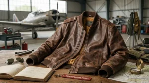 Close-up photograph of a vintage brown leather pilot jacket with shoulder epaulettes resting on a wooden desk in a hangar.
