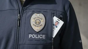 Detail shot of the loop fields and badge tab attachment on the chest of a tactical police soft shell jacket.