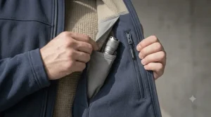 Illustration highlighting the hidden chest pockets and document storage areas inside a police soft shell jacket.