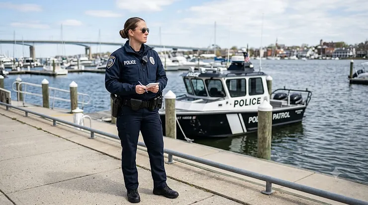 A law enforcement officer on duty wearing a black police soft shell jacket with tactical patches.