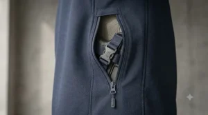 Close-up of the quick-access side zipper on a police soft shell jacket for easy duty belt and sidearm reach.