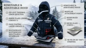 An exploded-view illustration showing a modular police winter patrol jacket with a detachable fleece hood and zip-out liner.