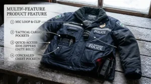 Illustration detailing the utility pockets, microphone clips, and side-zippers for duty belt access on a police winter jacket.