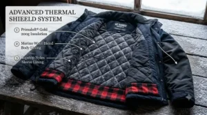 An instructional diagram showing the multi-layer thermal lining and insulation inside a tactical police winter patrol jacket.
