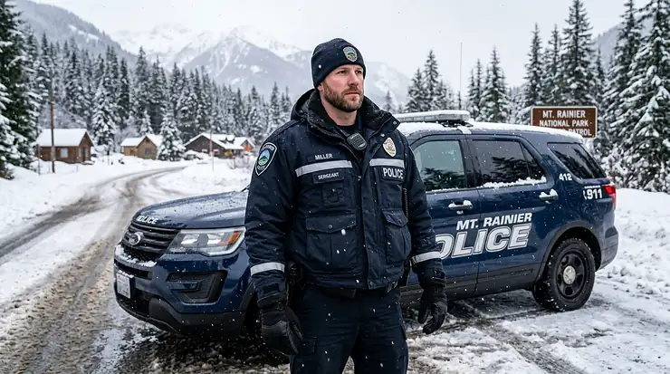 A law enforcement officer wearing a heavy-duty police winter patrol jacket while standing next to a squad car in a snowy environment.