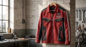 A dynamic red and black team-style auto mechanic jacket with a modern sporty look.