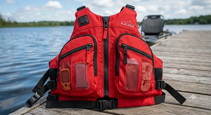 Front view of a red kayak PFD with roomy zippered pockets for secure gear storage