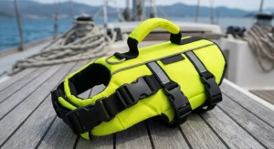 Reflective safety strips on a high-visibility yellow cat life jacket with handle