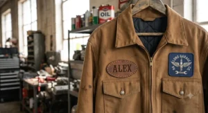 A rugged brown canvas mechanic jacket featuring a unique laser engraved leather name patch.