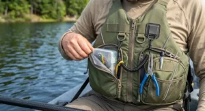 Detailed view of gear attachment loops and tackle storage on a low profile kayak fishing PFD.