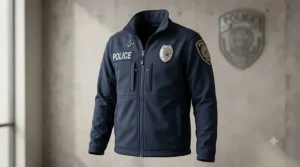 Front view of a navy blue police soft shell jacket featuring utility pockets and a microphone loop.