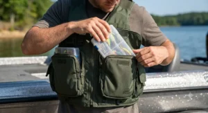 Type III bass fishing life vest featuring deep chest pockets designed for tackle box storage.