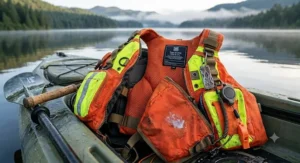 US Coast Guard approved Type III PFD for kayak anglers in bright safety colors