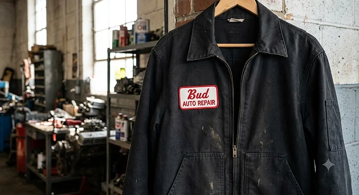 A vintage style black mechanic jacket featuring a custom red and white embroidered name patch on the left chest.