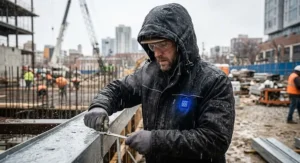 Waterproof battery powered work jacket with an adjustable hood being tested under rainy outdoor working conditions.