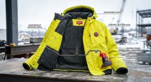 Waterproof yellow heated construction hoodie jacket with adjustable hood and fleece lining.