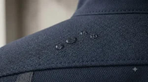 Water droplets beading on the surface of a windproof police soft shell jacket fabric.