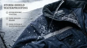 A close-up illustration demonstrating the water-resistant outer shell of a law enforcement winter patrol coat shedding rain and sleet.