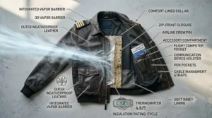 An explanatory graphic demonstrating the windproof and insulated inner lining of a winter-grade commercial pilot jacket.