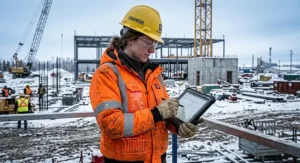 Female construction engineer using a tablet while wearing a fitted high-vis heated work jacket.