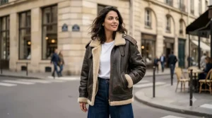 A woman wearing an oversized faux-leather aviator jacket featuring prominent shoulder epaulettes on a Parisian street.