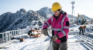 Woman working outdoors in winter weather wearing a high visibility pink insulated battery powered jacket.