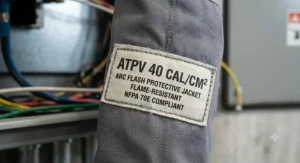 Close-up of the arc flash protective jacket label showing 40 cal/cm² ATPV rating and CAT 4 classification.