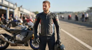 Protective armored perforated leather racing jacket designed for summer motorcycle riding.