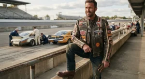 An authentic retro racing jacket with patches, capturing the spirit of American motorsports history.