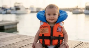 Close-up view of the head support collar and safety grab handle on a baby life jacket.