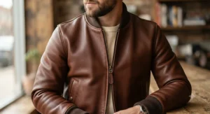 Close-up of a premium brown leather bomber jacket featuring ribbed cuffs and collar.