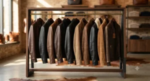 Selection of top-rated mens leather bomber jackets displayed on a rack for a shopping guide.