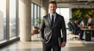 A professional man styled in a sleek, minimalist leather blazer, representing the best leather jacket for men suitable for business casual office settings.
