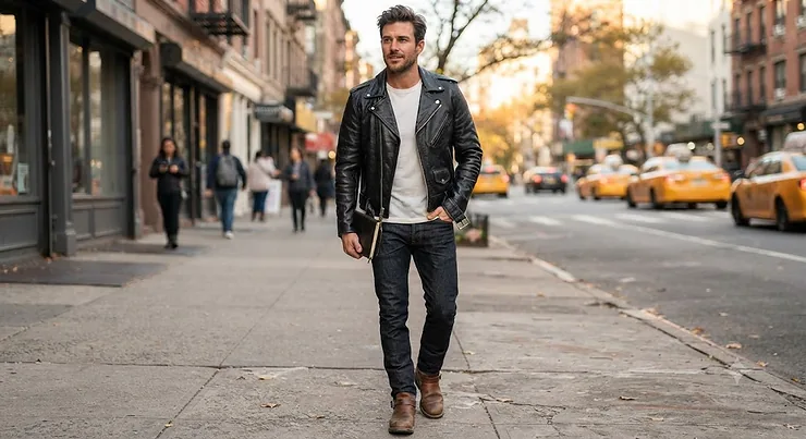A stylish man wearing a classic black leather biker jacket over a white t-shirt, showcasing the best leather jacket for men for a timeless American street style look.