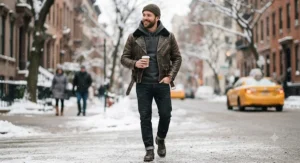 A man layering a warm leather jacket with a hoodie underneath, demonstrating the versatility of the best leather jacket for men during colder American seasons.