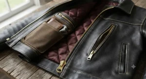 Close-up of heavy-duty YKK brass zippers and secure interior storage pockets on the best motorcycle leather jacket.