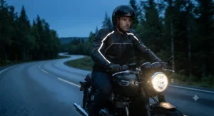 Rider at dusk illuminated by headlights, highlighting the subtle reflective safety strips on the best motorcycle leather jacket.