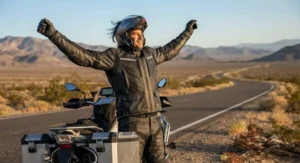 Touring motorcyclist stretching arms in comfort while wearing the best motorcycle leather jacket on a cross-country highway trip.
