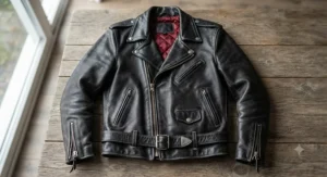 Vintage double rider style best motorcycle leather jacket laid flat with silver hardware and snap lapels.