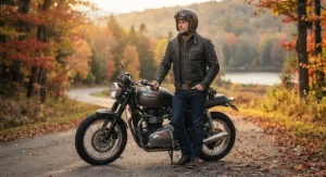 Rider posing outdoors in autumn wearing the best motorcycle leather jacket featuring a thermal quilted liner.