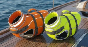 Illustration displaying bright orange and yellow reflective cat life vests for maximum water visibility.