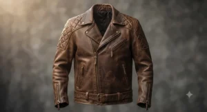 Vintage style brown distressed mens leather biker jacket with quilted shoulders