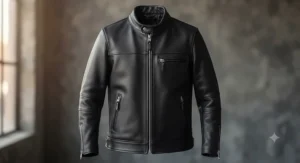 Minimalist cafe racer style mens leather biker jacket with a snap-tab collar