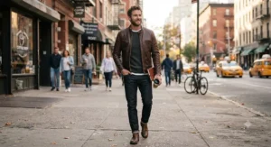 A man walking downtown wearing a casual leather jacket, perfect for weekend outings and representing the best leather jacket for men.