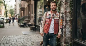 A comfortable, everyday casual retro racing jacket with assorted patches, styled for a modern American streetwear outfit.
