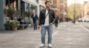 Streetwear style look featuring a lightweight perforated leather racing jacket worn for casual outings.